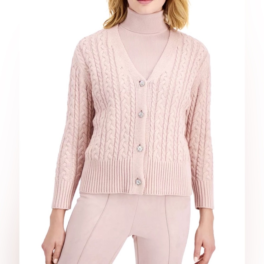 Anne Klein Ballet Pink Cable Knit V-Neck Cardigan Fancy Rhinestone Buttons NWT - Picture 2 of 7